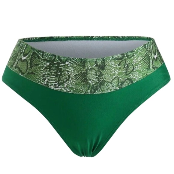 Snake Print Bikini Set – Green Colorblock, Adjustable Push-Up Top, Full Coverage - Picture 5 of 13